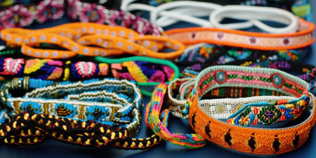 A bunch of different colored bracelets on a table.の素材
