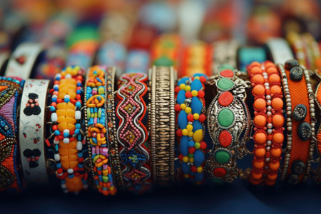 A close up of a bunch of different colored bracelets.の素材