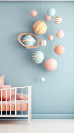 A babys room with a crib and a bed. Imaginary mobile for baby room.の素材