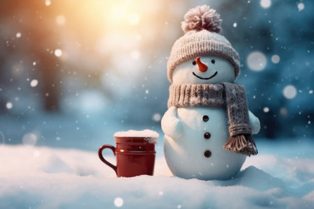 A snowman next to a cup of coffee.の素材