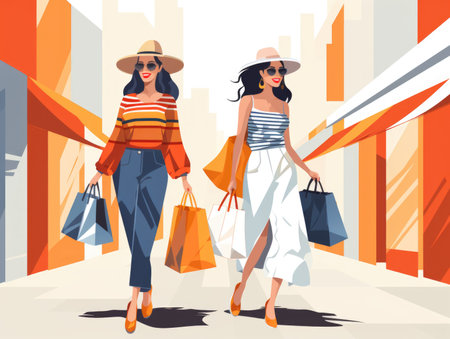 Two women walking down the street carrying shopping bags.の素材