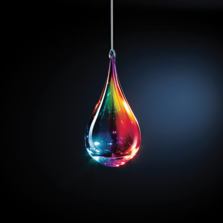 A rainbow colored drop hanging from a string.の素材