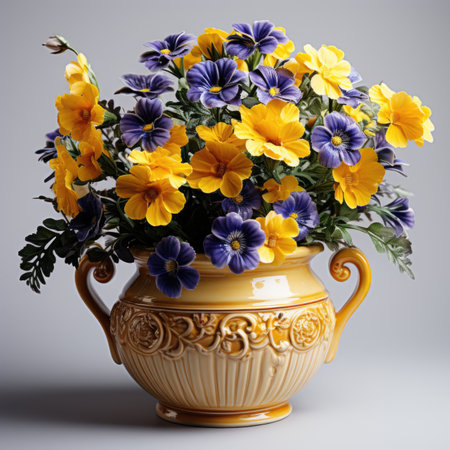 A yellow vase filled with purple and yellow flowers.の素材