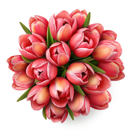 A bouquet of pink tulips on a white surface.の素材