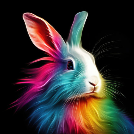 A colorful rabbit with a black background.の素材