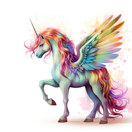A colorful unicorn with wings on a white background.の素材