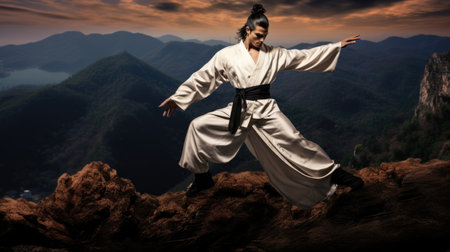 A man in a white kimono standing on top of a mountain. Tai chi practice on mountain top.の素材