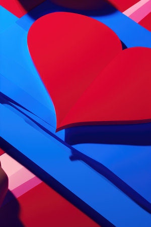 A person holding a cell phone near a red and blue heart.の素材