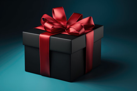 A black gift box with a red ribbon.の素材