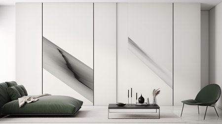 A living room with a couch, chair, table and mirror.の素材