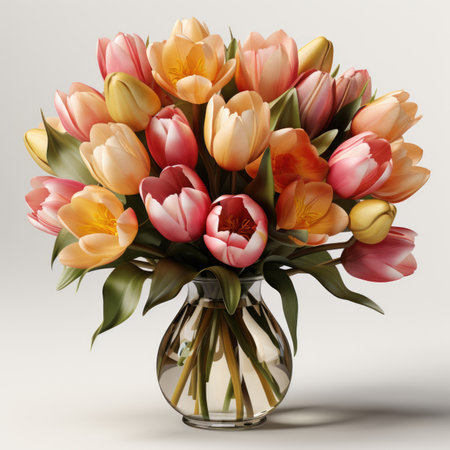A vase filled with pink and yellow tulips.の素材