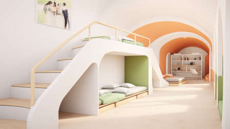 A room with a bunk bed and a staircase.の素材