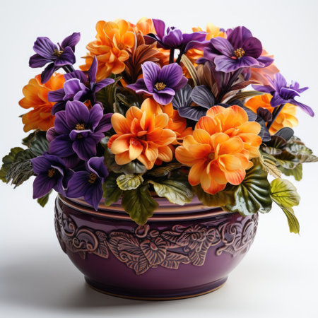 A purple vase filled with purple and orange flowers.の素材