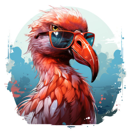 A flamingo wearing sunglasses on the beach.の素材