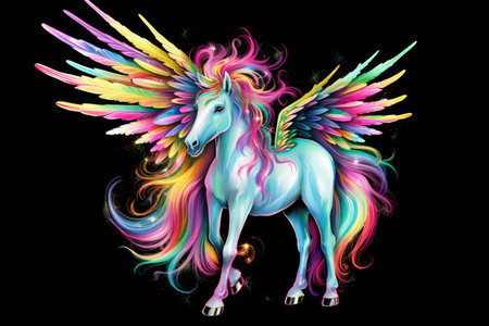 A painting of a unicorn with colorful wings.の素材