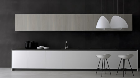 A black and white kitchen with two stools.の素材