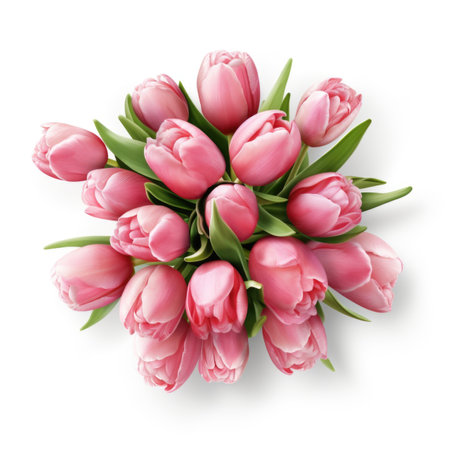 A bouquet of pink tulips on a white surface.の素材