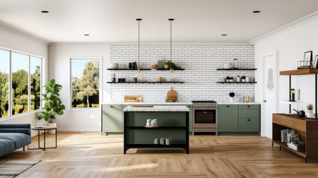 A kitchen with a wooden floor and a white brick wall.の素材