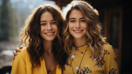 Two beautiful young women standing next to each other.の素材