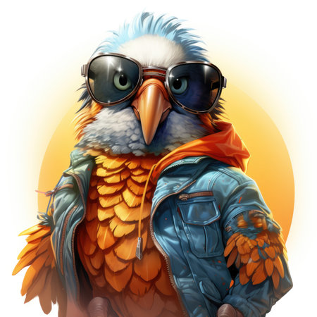 A colorful bird wearing sunglasses and a jacket.の素材