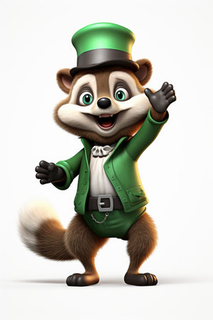 A cartoon raccoon dressed in a green suit and hat.の素材