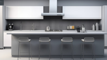 A kitchen with a counter and four stools.の素材