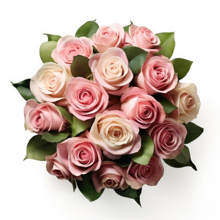 A bouquet of pink and white roses on a white surface.の素材