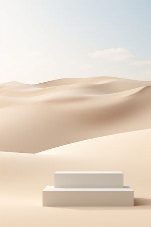 A white bench in the middle of a desert.の素材