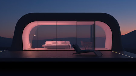 A room with a bed and a chair in it.の素材