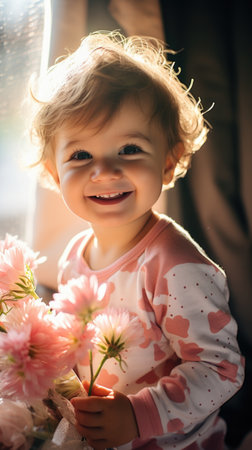 A little girl holding a bunch of flowers.の素材