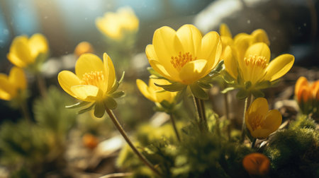 A bunch of yellow flowers that are in the grass. Winter aconite flowers.の素材