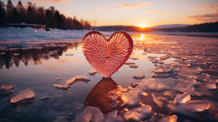 A heart shaped object sitting on top of a frozen lake.の素材
