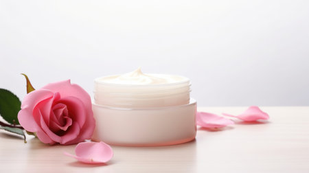 A jar of cream next to a rose on a table.の素材