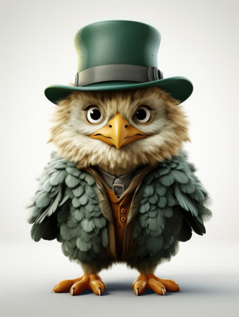 An owl wearing a green hat and jacket.の素材