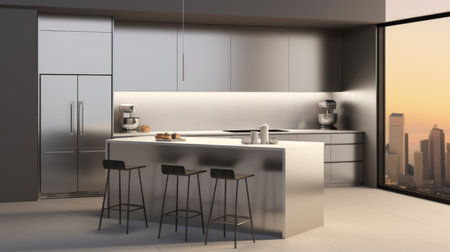A modern kitchen with a view of the city.の素材