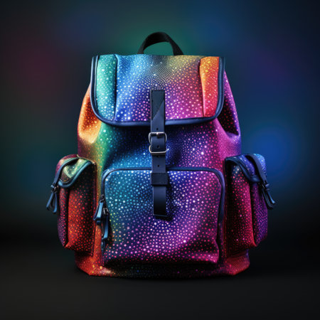 A multicolored backpack on a black background.の素材