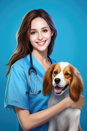 A woman with a stethoscope holding a dog.の素材