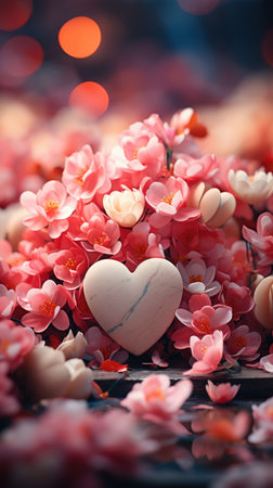 A bunch of pink flowers with a heart in the middle.の素材