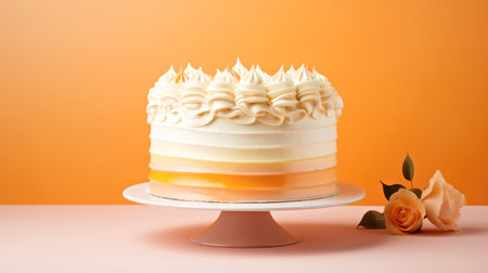 A white cake sitting on top of a white cake plate. Peach fuzz, color of the year 2024, monochromatic image.の素材