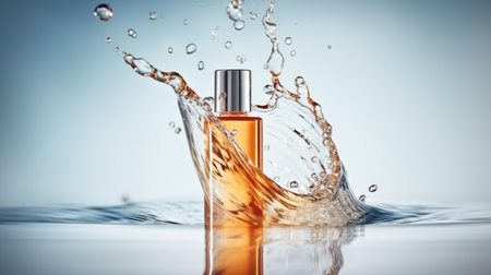 A bottle of perfume with a splash of water.の素材