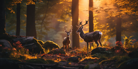 A couple of deer standing next to each other in a forest.の素材