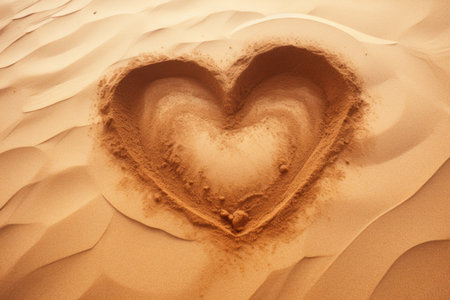 A heart shaped hole in the sand on a beach.の素材