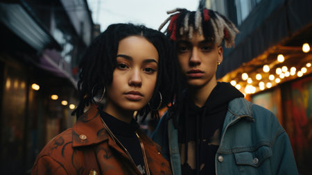 A couple of people standing next to each other.の素材