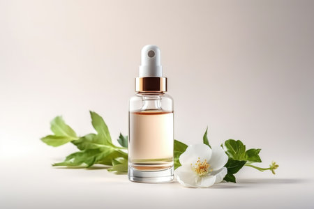 A bottle of perfume next to a flower.の素材