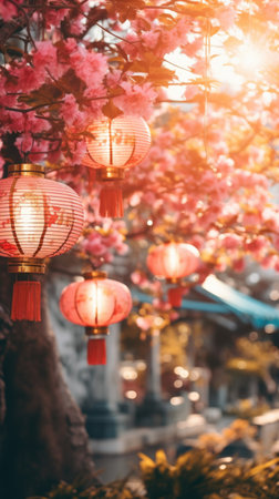 A tree filled with lots of pink lanterns hanging from its branches.の素材