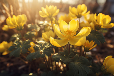 A bunch of yellow flowers that are in the grass. Winter aconite flowers.の素材