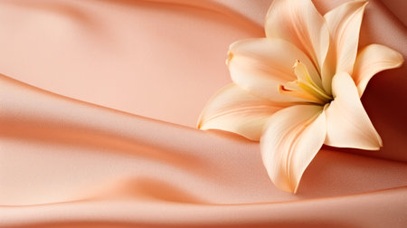 A white flower sitting on top of a pink cloth. Peach fuzz, color of the year 2024, monochromatic image.の素材