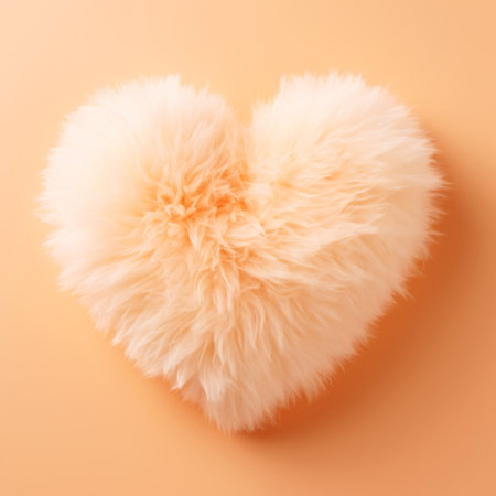 A fluffy white heart on a pink background. Peach fuzz, color of the year 2024, monochromatic image.の素材