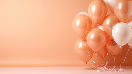 A bunch of orange and white balloons on a table. Peach fuzz, trendy color of the year 2024.の素材