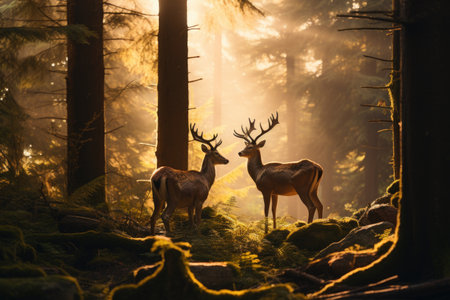 A couple of deer standing on top of a lush green forest.の素材